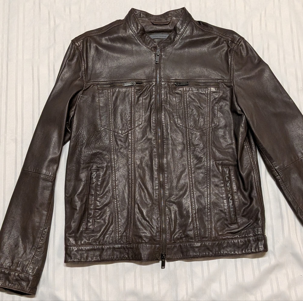 John Varvatos Band Collar Leather Jacket, Brown, Size M